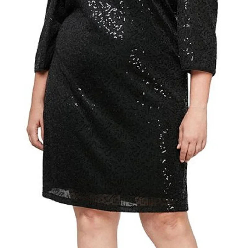 Sl Fashions Women's Sequined Gathered Shoulder Sheath Dress Black Size 18W