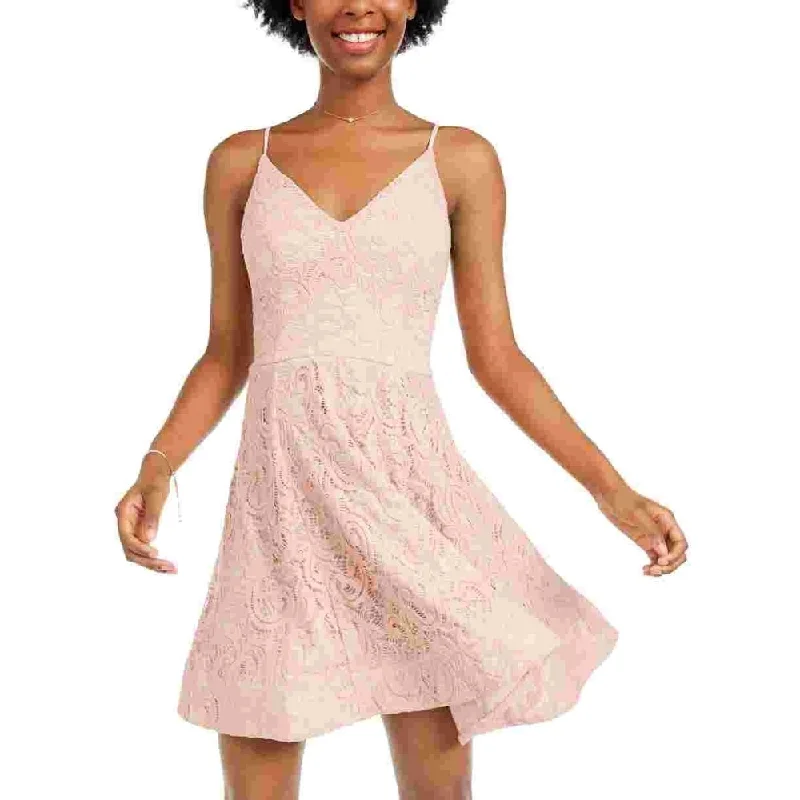 Sequin Hearts Women's Spaghetti Strap V Neck Above The Knee Fit Flare Dress Pink Size 3