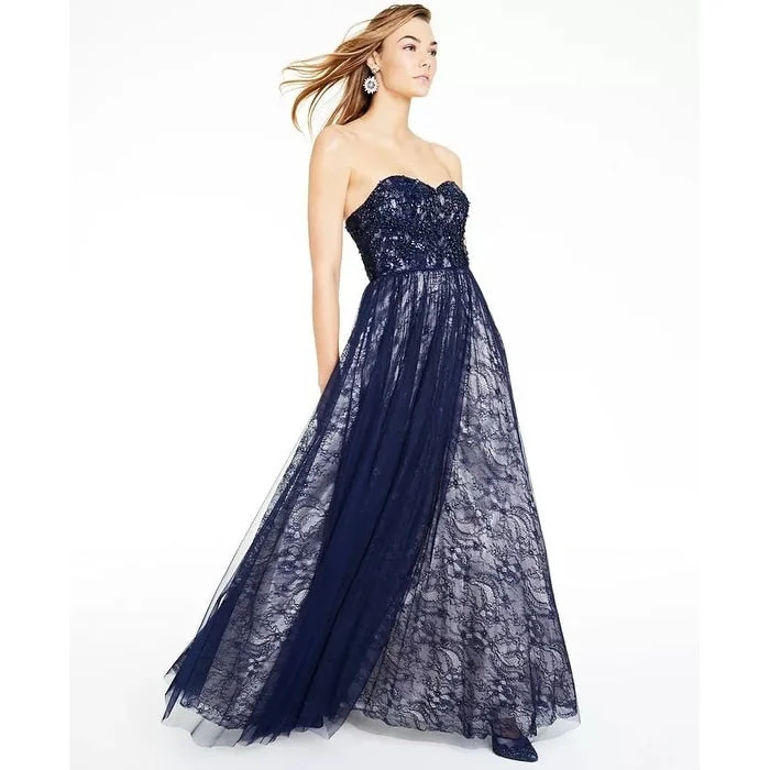 Say Yes To The Prom Juniors' Sequin-Trim Strapless Lace Gown Navy Size 0