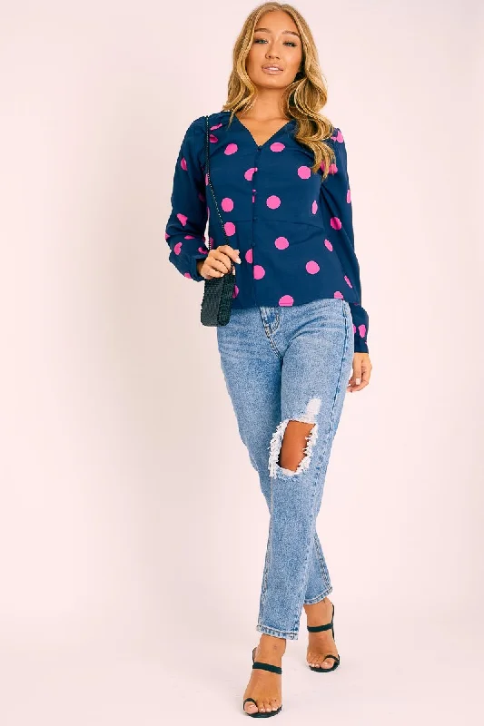 Navy Pink Polka Dot Button Up Plunge Neck Blouse - Penny