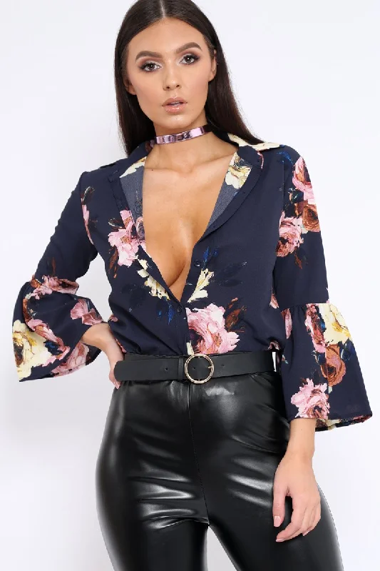 Navy Floral Shirt with Bell Sleeves - Harper