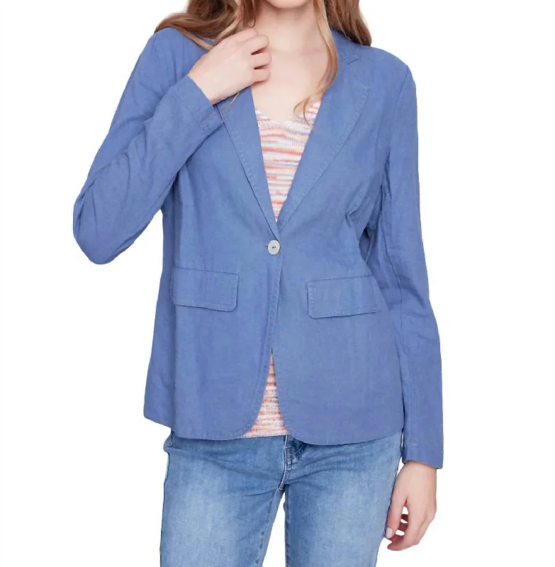 Denim Solid Linen Blazer In Blue