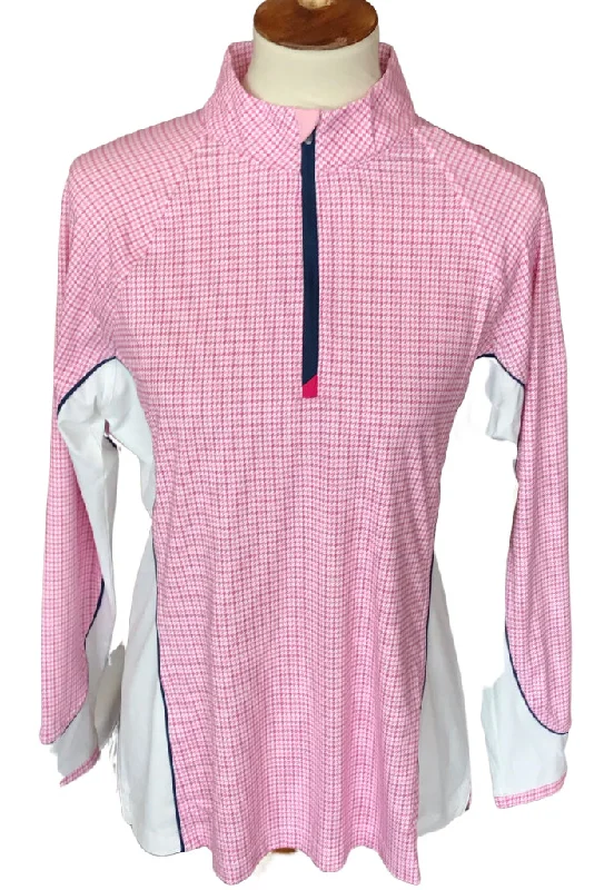 New Peter Millar Pink & White Houndstooth Sun Shirt w/ Sleeve Logo Size L. MSP$115