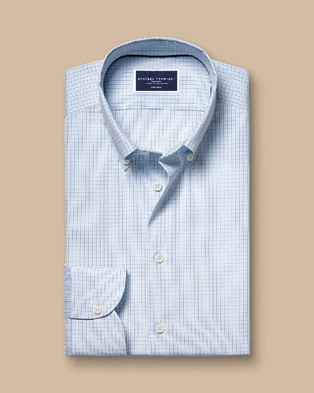 Button-Down Collar Non-Iron Grid Check Oxford Slim Fit Shirt - Light Blue