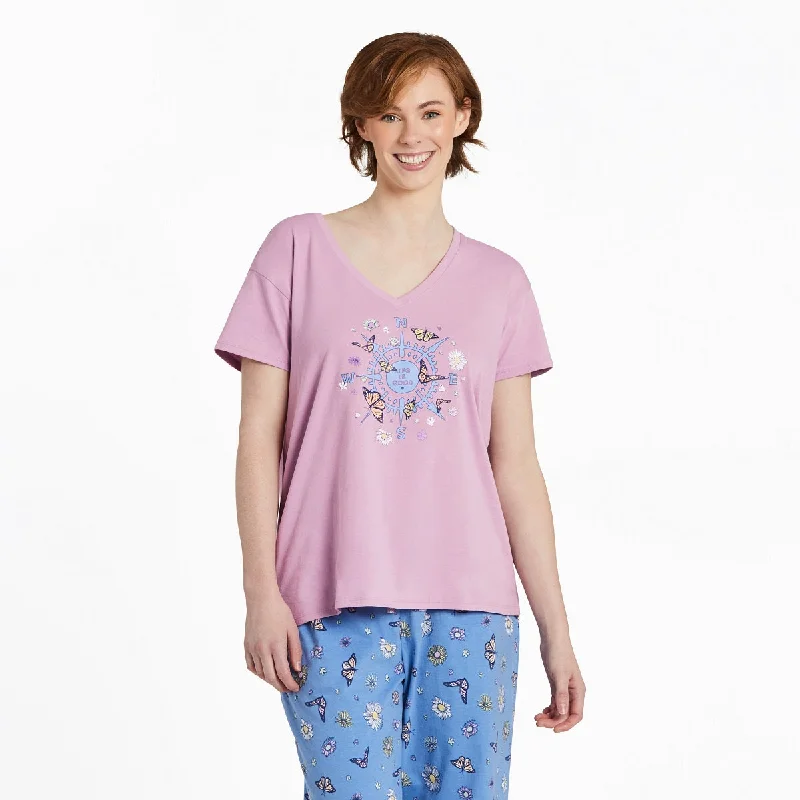 Life Is Good. Women's Butterfly and Compass SS Relaxed Sleep Vee, Violet Purple