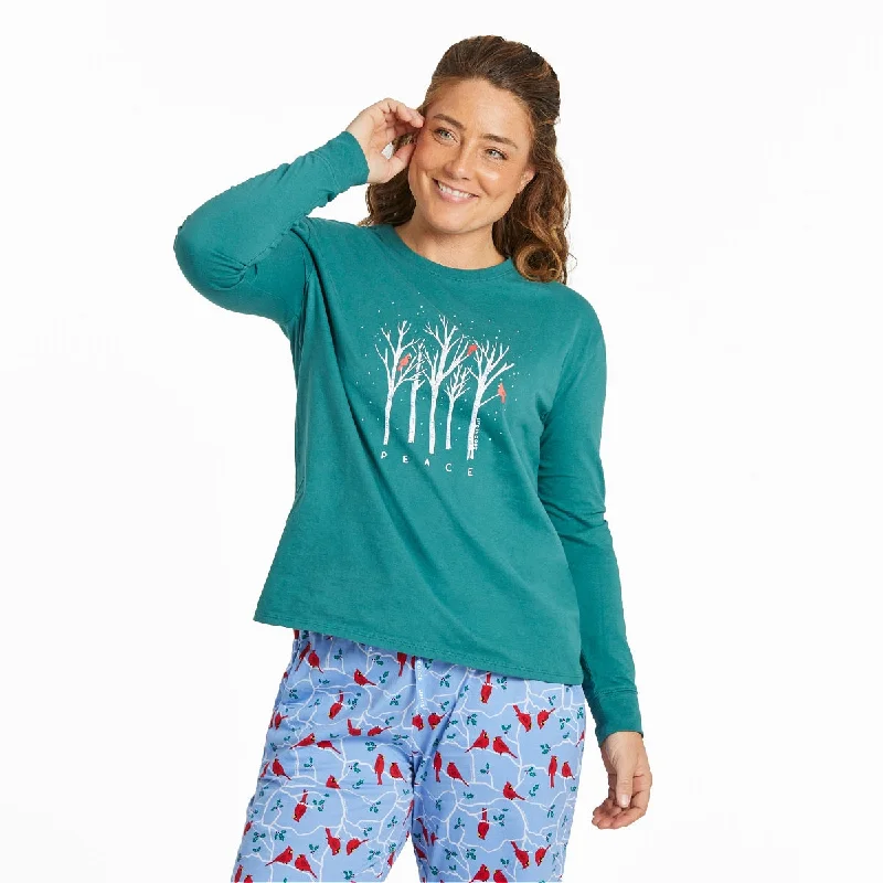 Life is Good. Women's Peaceful Cardinal Forest LS Snuggle Up Relaxed Sleep Tee, Spruce Green