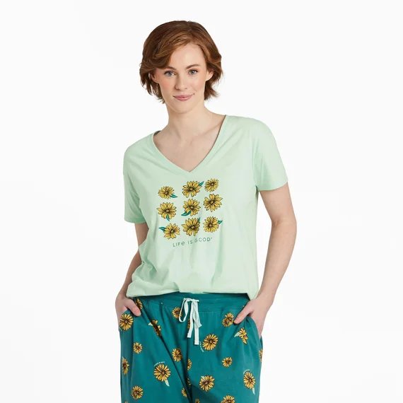 Life is good. Women's Sunflower Grid Snuggle Up Relaxed Sleep Vee, Sage Green