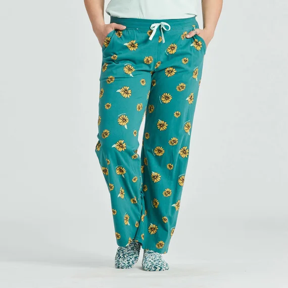 Life is Good. Women's Tossed Sunflower Pattern Snuggle Up Sleep Pant, Spruce Green