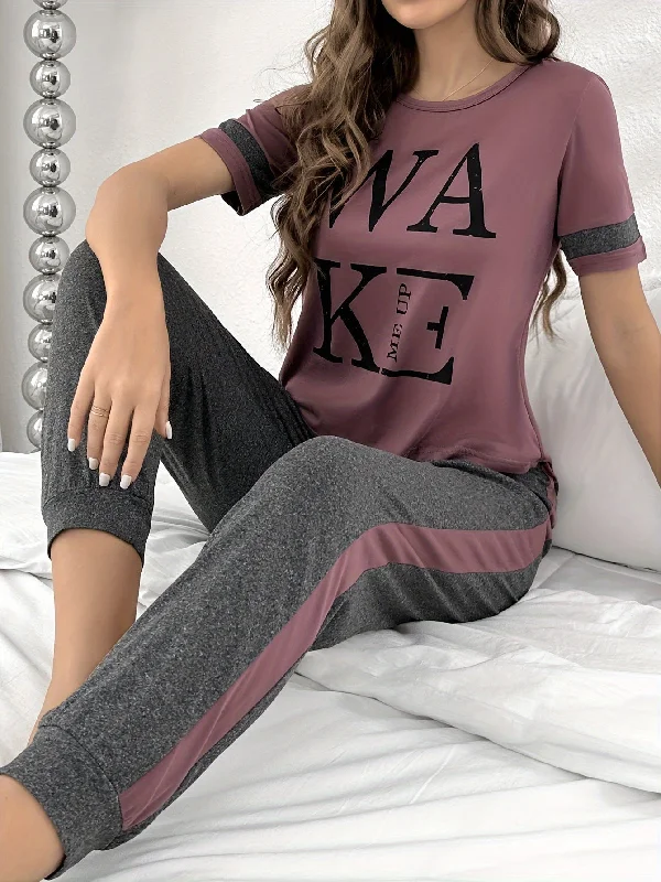 Nine 11 Colorblock Letter Print Pajama Set, Casual Short Sleeve Round Neck Top & Elastic Joggers, Women's Sleepwear