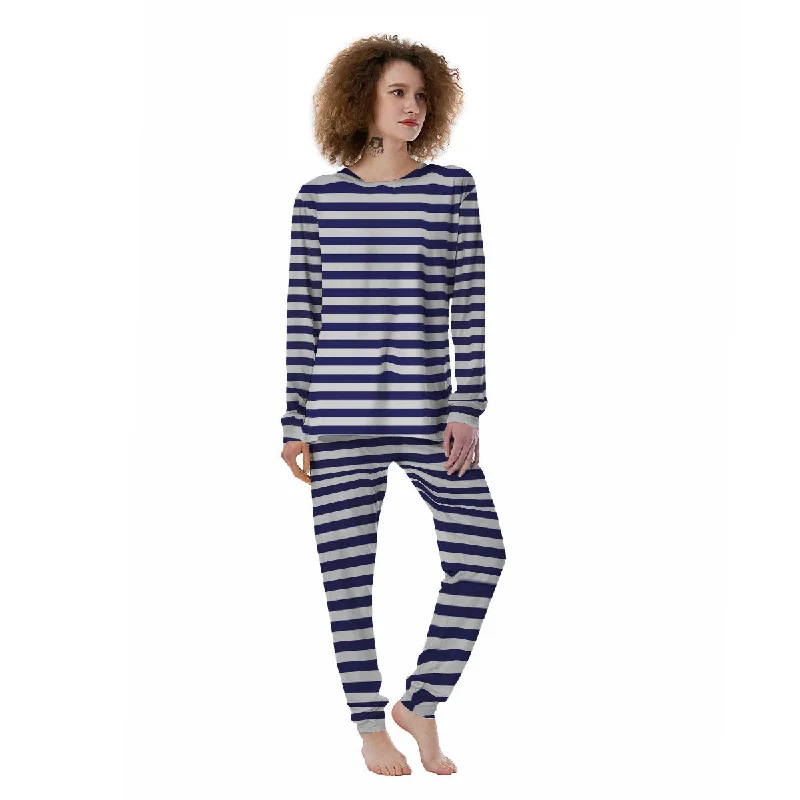 Striped White And Navy Print Pattern Women's Pajamas