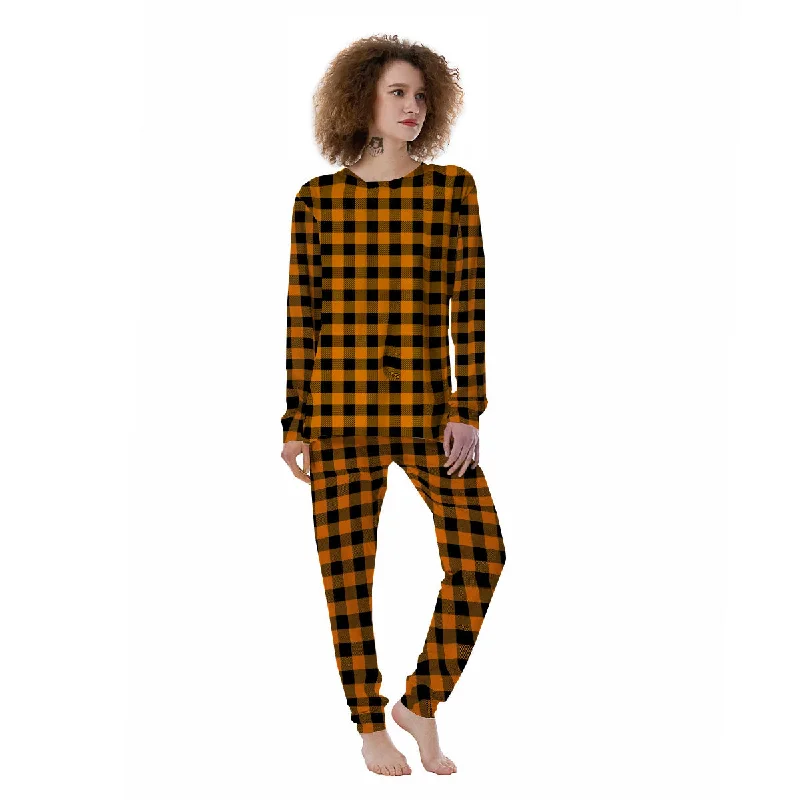 Tartan Black And Orange Print Pattern Women's Pajamas