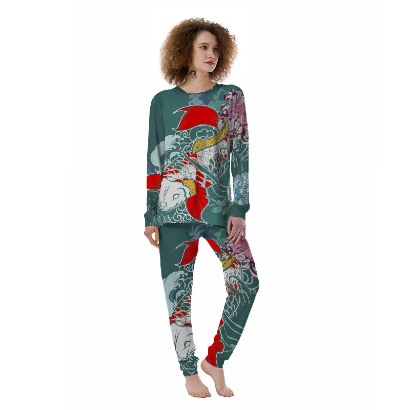 Tattoo Japanese Koi And Flower Print Women's Pajamas