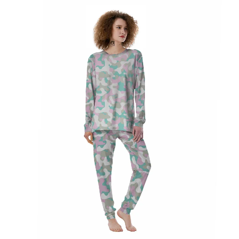 Teal Pastel And Purple Camouflage Print Women's Pajamas