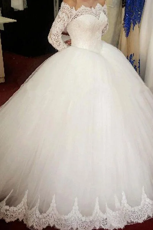 Ball Gown Long Sleeve Wedding Dress With Lace Off the Shoulder Tulle Bridal Dress N1113