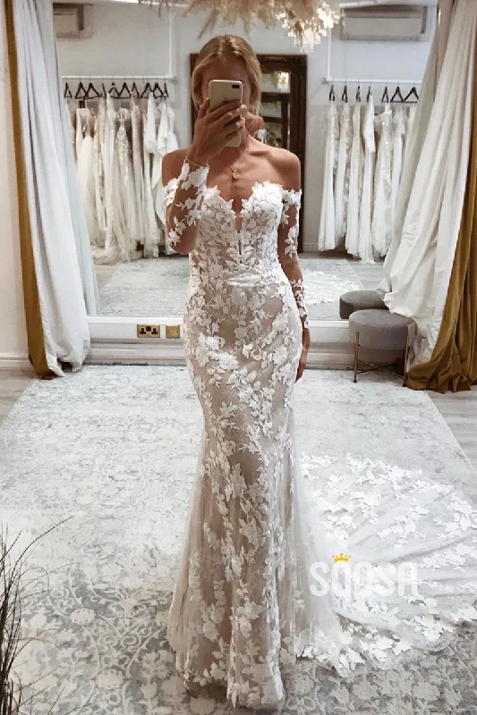 Off the Shoulder Long Sleeves Mermaid Wedding Dress Lace Bridal Gown QW2508