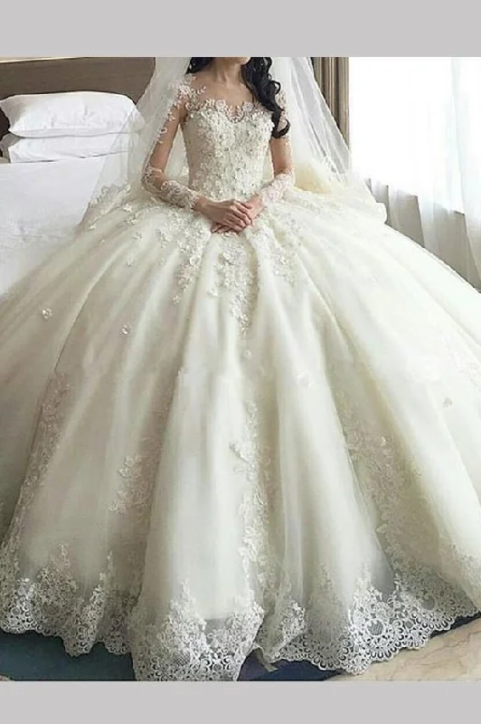 Gorgeous ivory Lace Appliques Long Sleeves Ball Gown Wedding Dress N549