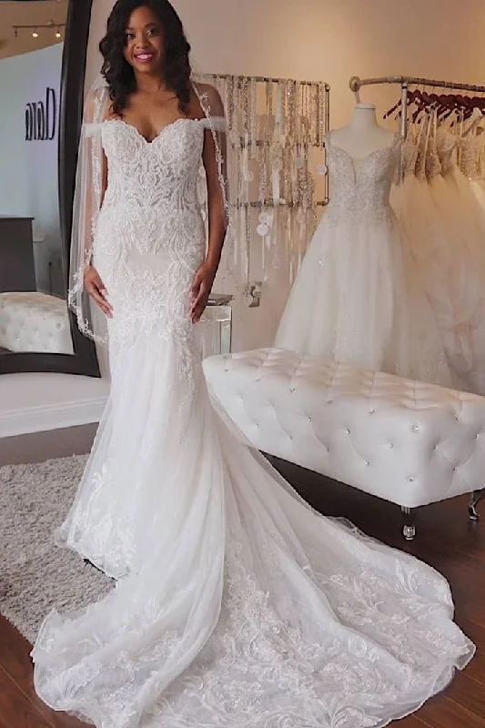 Modest Off The Shoulder Long Elegant Lace Sheath Wedding Dress Y0145