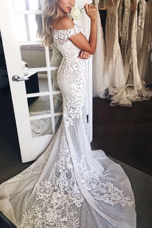 Sexy Mermaid White Off-the-shoulder Sheer Lace Appliques Court Train Beach Wedding Dress N496