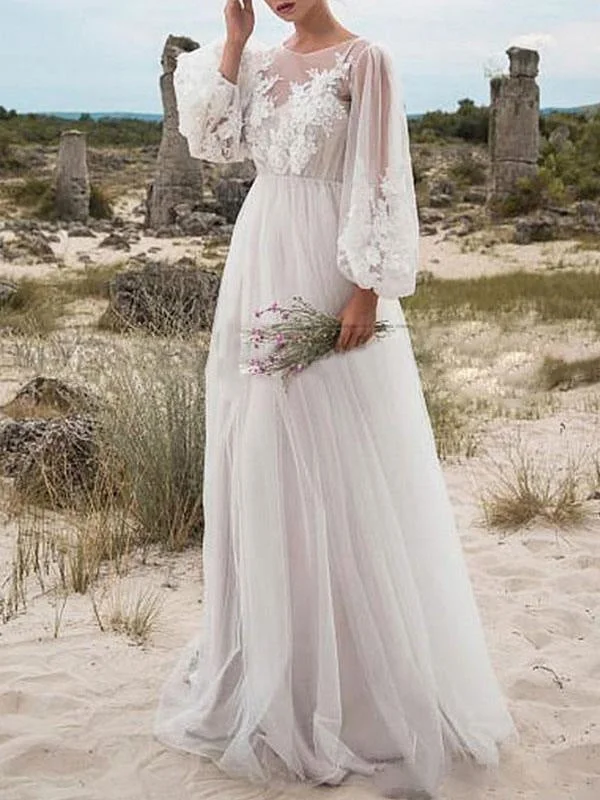 Simple Wedding Dress A Line Tulle Jewel Neck Long Sleeves Lace Bridal Dresses