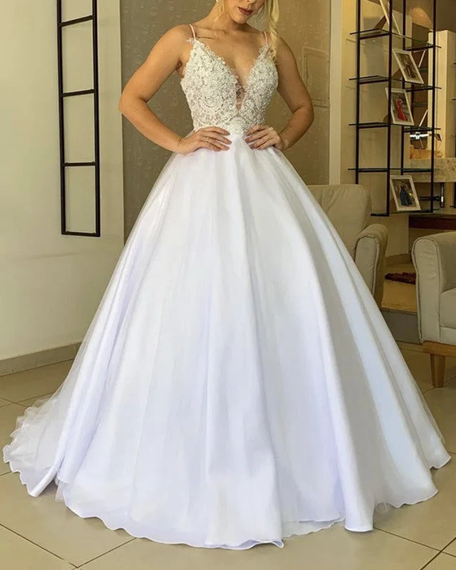 Tulle Wedding Dresses Lace Plunge Neck