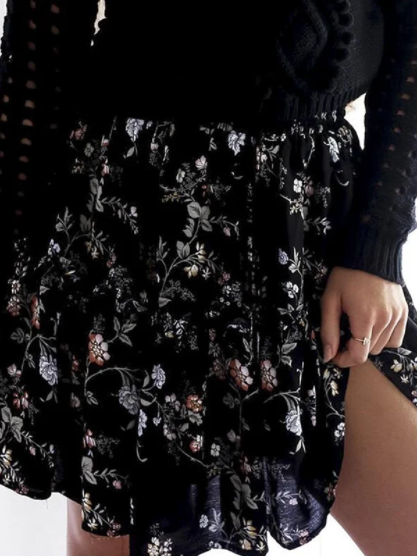 Floral Print High Waist Boho Skirts - Black