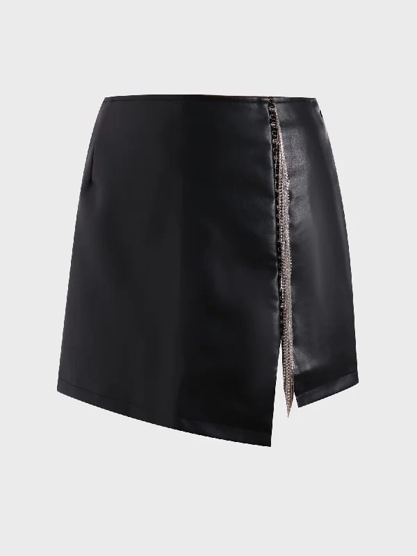 Midsize Fringe Stretch Leather Skirt with Side Split