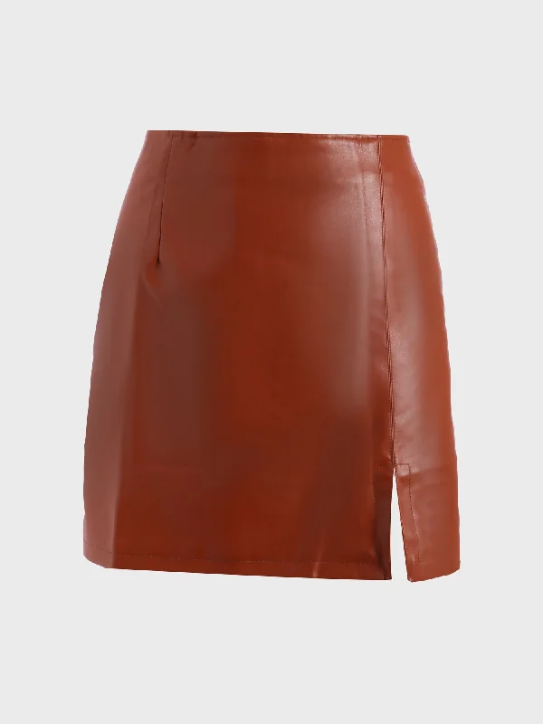 Midsize High-Waisted Leather Skirt with Split