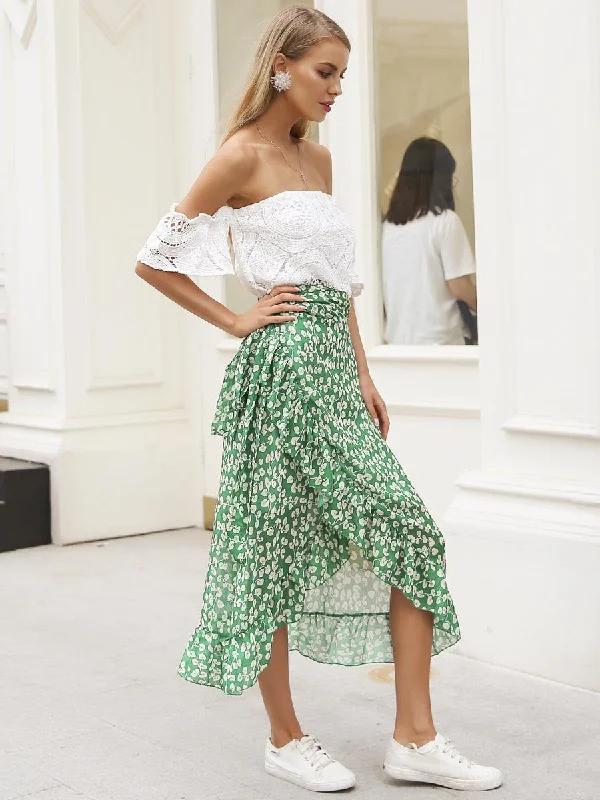 Ruffle Leaf Print Wrap Skirt - Green