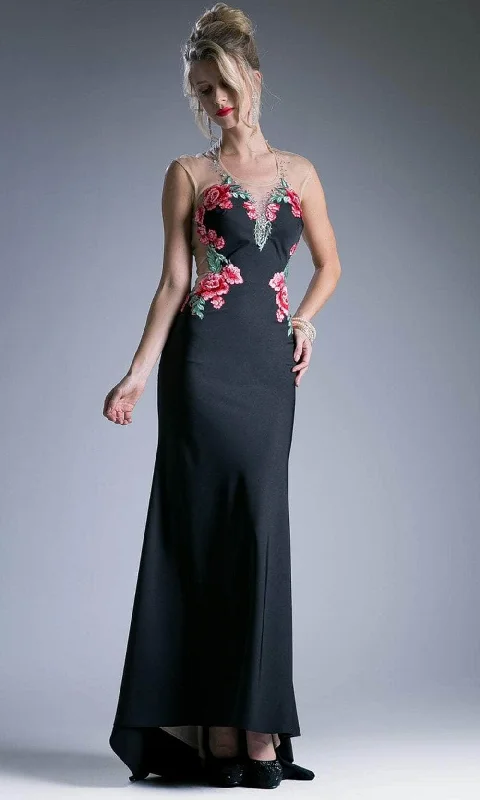 Cinderella Divine 82302 - Flower Outlined Illusion Evening Dress