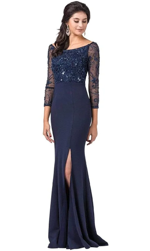 Dancing Queen - 2672 Bateau Neck Sheer Sleeves Embellished Bodice Fitted Long Dress - 1 pc Navy In Size M Available