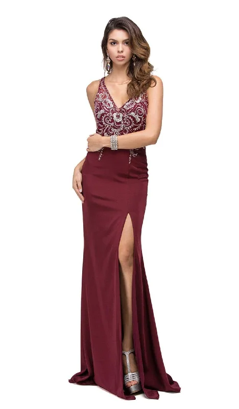 Dancing Queen - 9704 V-Neck Beaded Bodice Illusion Back Long Prom Dress