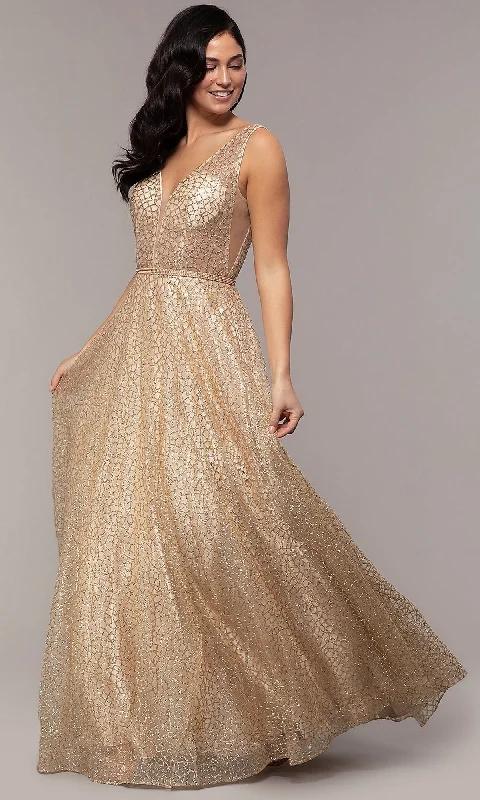 Open-Back Glitter Formal Evening Dress with Pockets