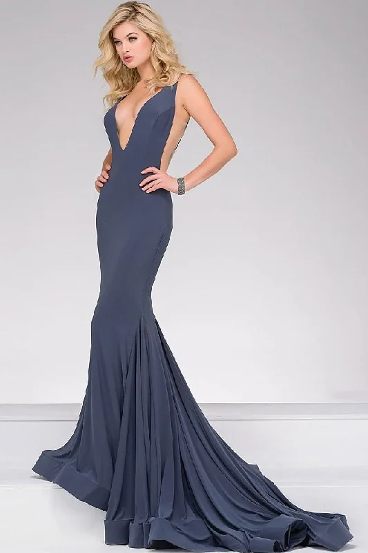 Jovani - V-Neck Long Jersey Dress in Gunmetal 46756