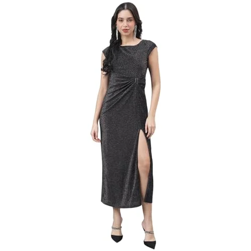 Latin Quarters Women Black Cap Sleeve Round Neck Maxi Dress