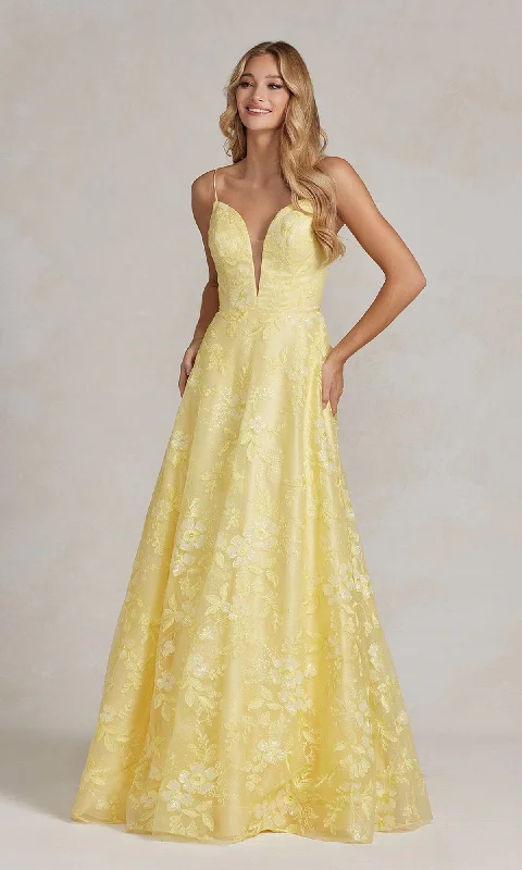 Long Yellow Prom Ball Gown with Deep V-Neck