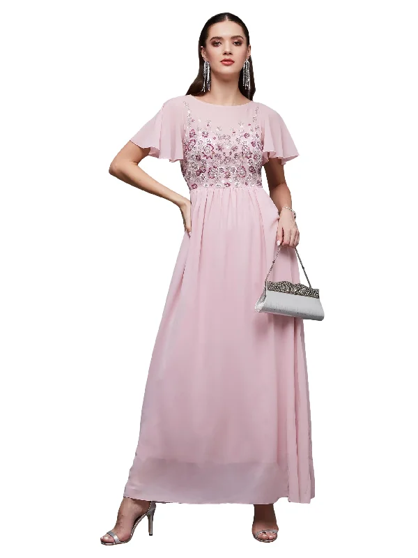 Miss Chase Women's Embellished Gathered Maxi Dress(MCSS23D98-31-199-05, Pink, L)