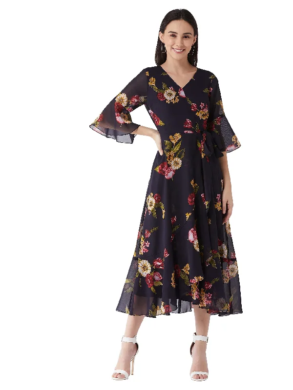 Miss Chase Women's Multicolored- Base- Navy Blue V Neck 3/4th Sleeve Floral Ruffled Maxi Dress (MCAW21D06-13-224-05,Multicolored- Base- Navy Blue,L)