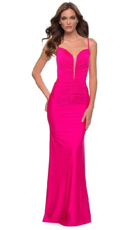 La Femme - Open Back Ruched Long Dress 29966 - 2 pc in Neon Pink Available