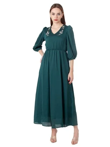 Zink London Women's Green Embroidered Flared Maxi Dress