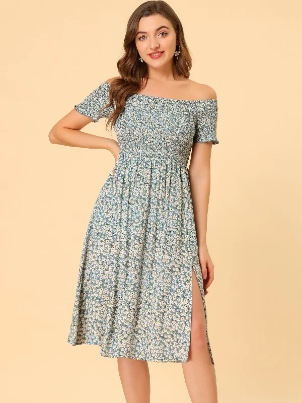 Off Shoulder Smocked Summer Short Sleeve Split Midi Floral Dress