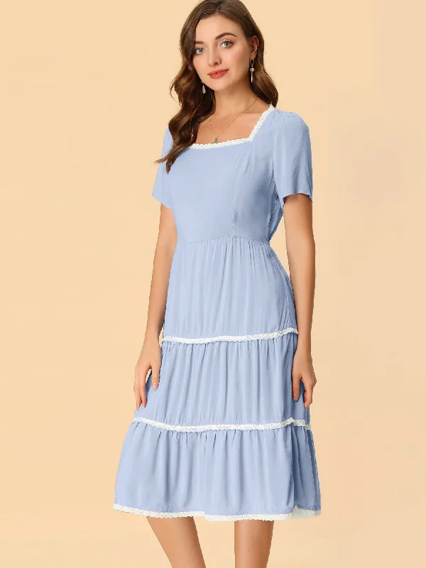 Elegant Midi Short Sleeve Tiered Square Neck Long Dress