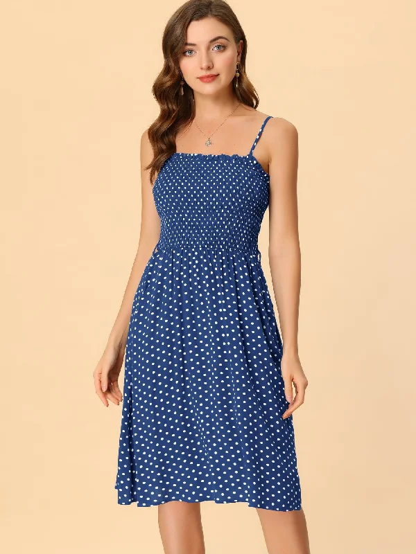 Bohemian Smocked Belted Spaghetti Strap Polka Dot Midi Dress Sundress