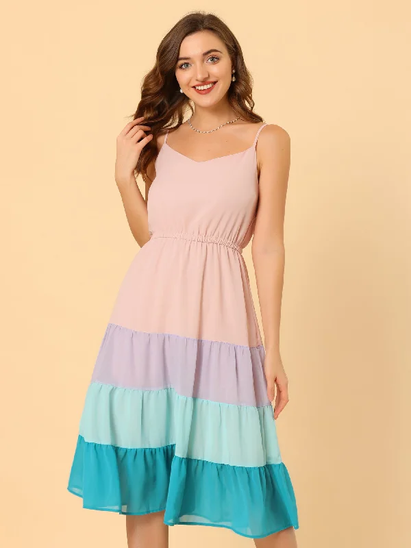 Summer Spaghetti Strap V Neck Flowy Swing Chiffon Midi Dress Sundress