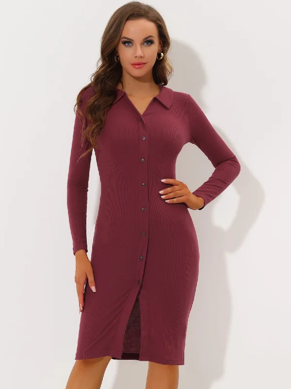 Casual Long Sleeve Collared Bodycon Sheath Slim Fit Knit Midi Dress