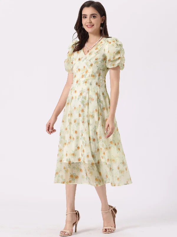 Floral Print Short Sleeve Cinched Waist Long Midi Dress