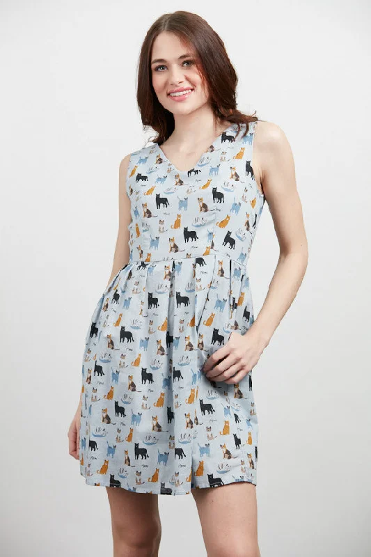 Cat Multi Breed Print V-Neckline Dress