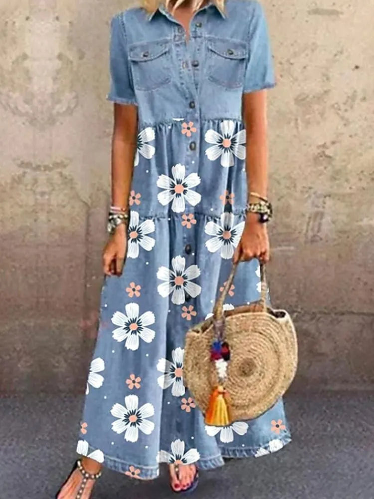 Chelsea| Casual single Breasted Lapel Pocket Floral Dress