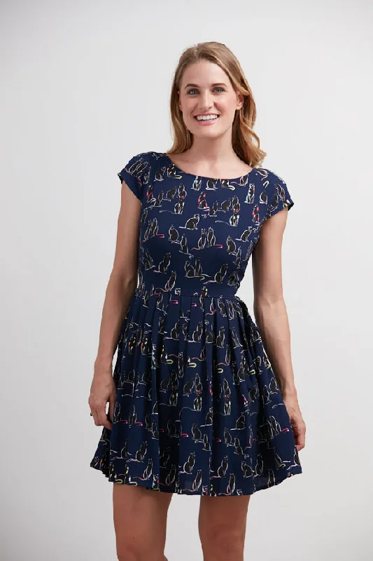 Colorful Cat All Over Print Crew Neckline Blue Dress