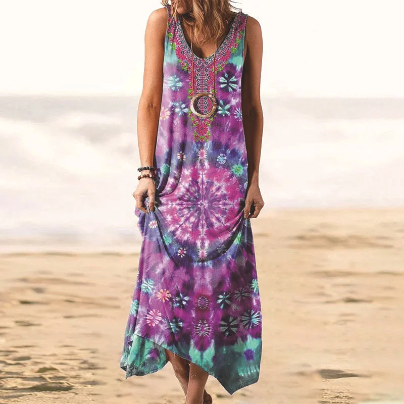 Lia| Ladies tie-dye loose print sleeveless dress