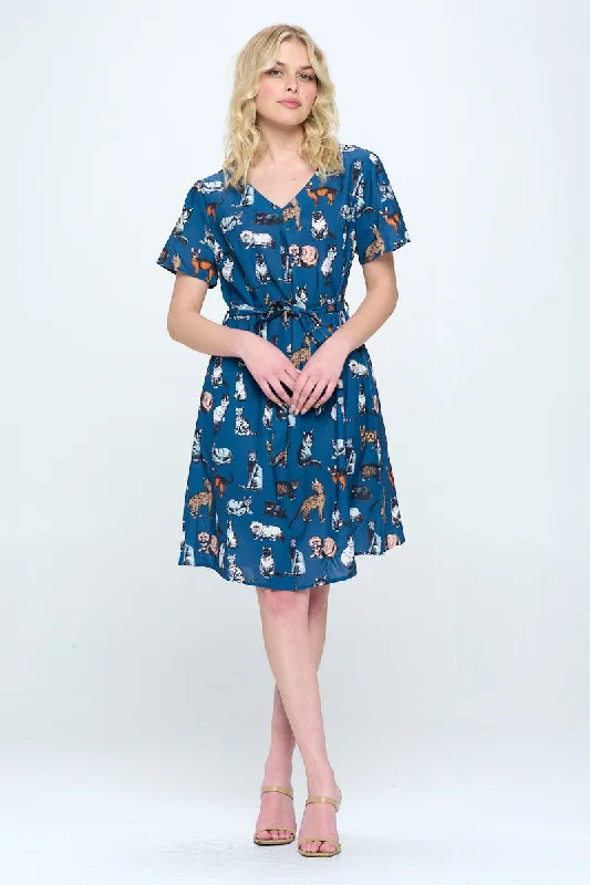 Multi Cats All Over Print V-Neck Dress